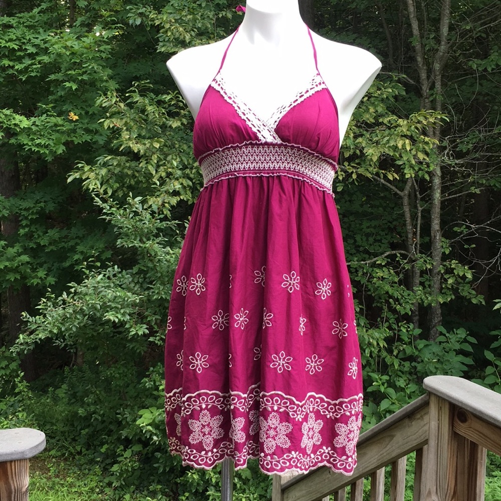 Plum embroidered cotton halter dress size L
